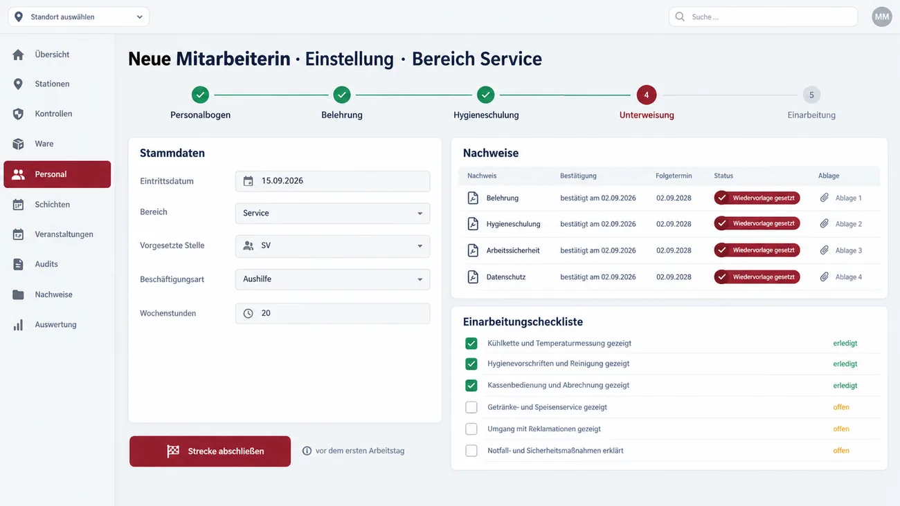 Maske: Bestellliste eines Bereichs neben der Erfassung von Bruch und Verderb
