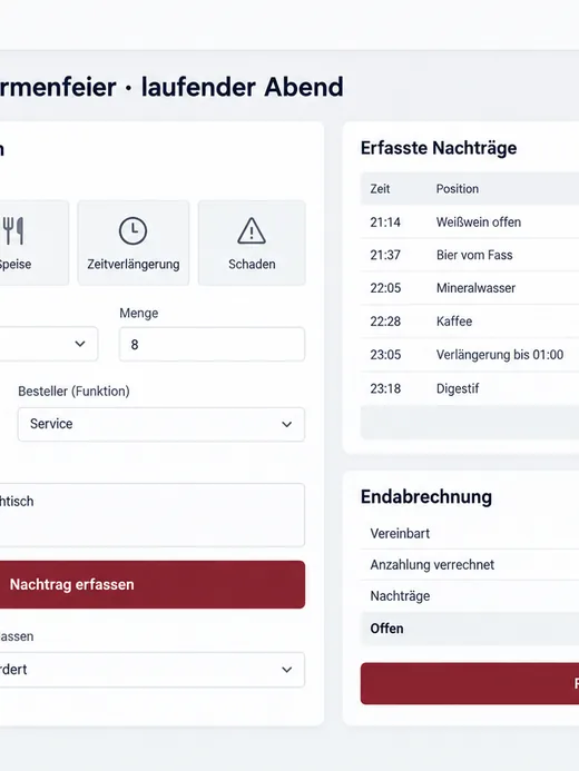 Bonblock und drei handbeschriebene Zettel auf einem Stehtisch im halb abgebauten Bankettsaal am Morgen danach