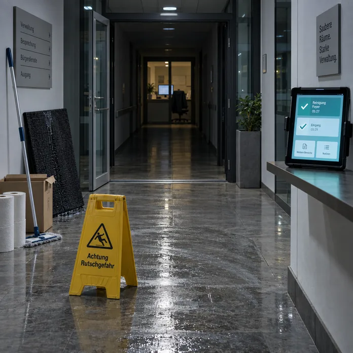 Frisch gewischtes Foyer eines Verwaltungsobjekts am frühen Morgen, im Hintergrund derselben Aufnahme das Büro