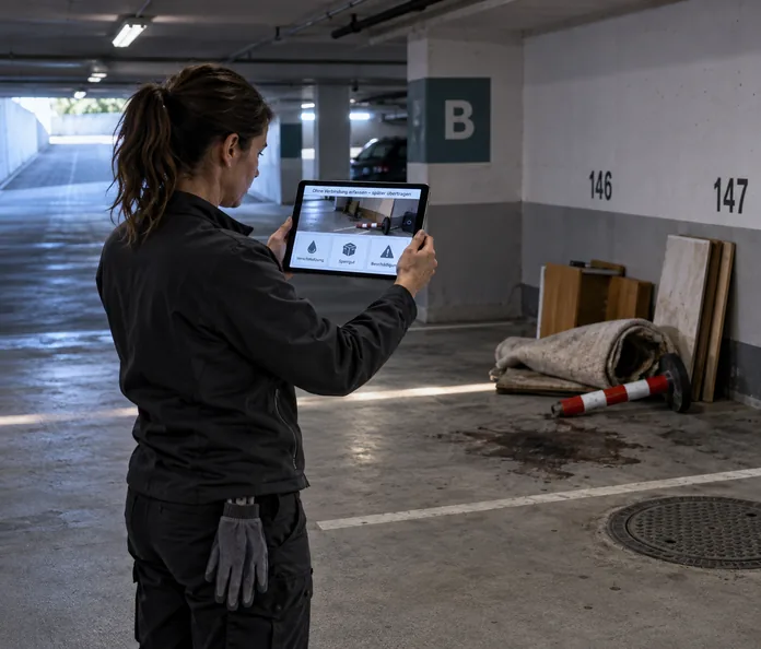 Mitarbeiterin hält am Tablet die Abweichung in der Tiefgarage fest, Sperrgut und Ölfleck im Bild