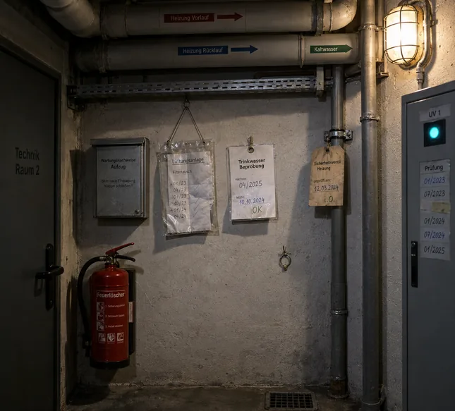 Fünf verschiedene Nachweisträger nebeneinander an der Wand des Technikflurs