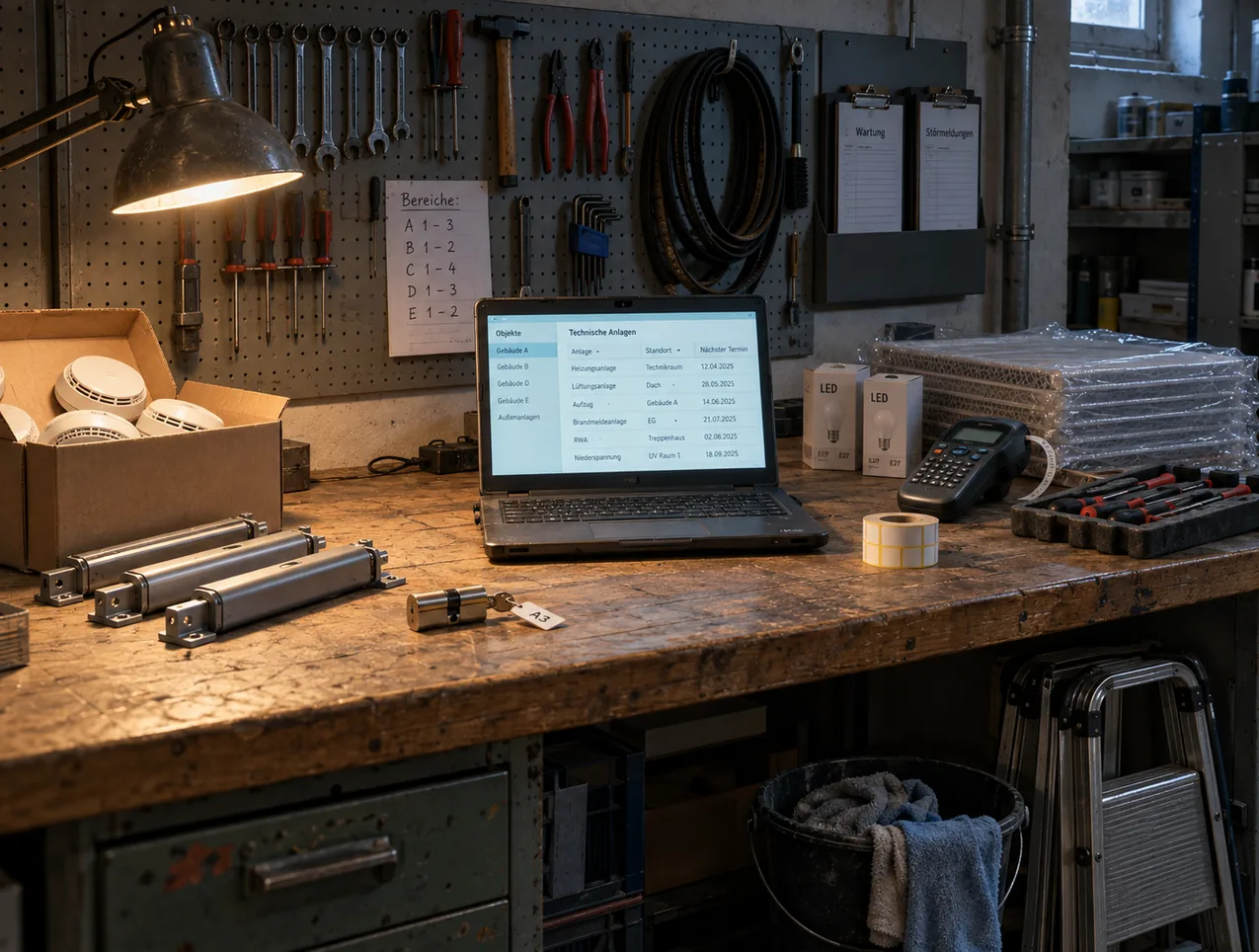 Unempfindliches Notebook mit der Anlagenliste auf der Werkbank der Hausmeisterwerkstatt
