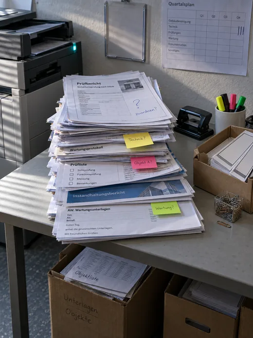 Stapel fremder Prüf- und Wartungsberichte neben dem Drucker, jeder in einem anderen Format