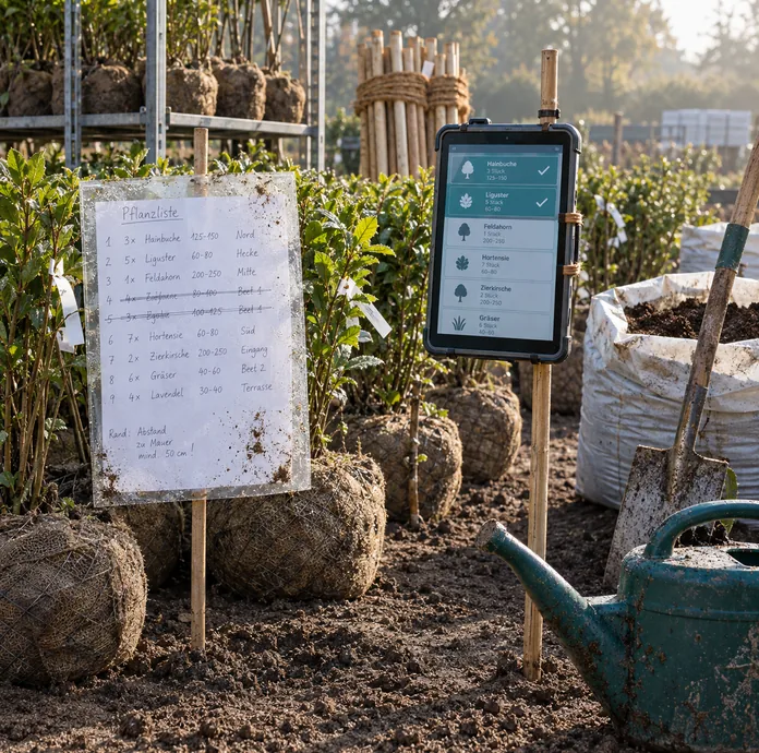 Handgeschriebene Pflanzliste in der Klarsichthülle zwischen den Ballen, daneben dieselbe Reihenfolge auf dem Tablet