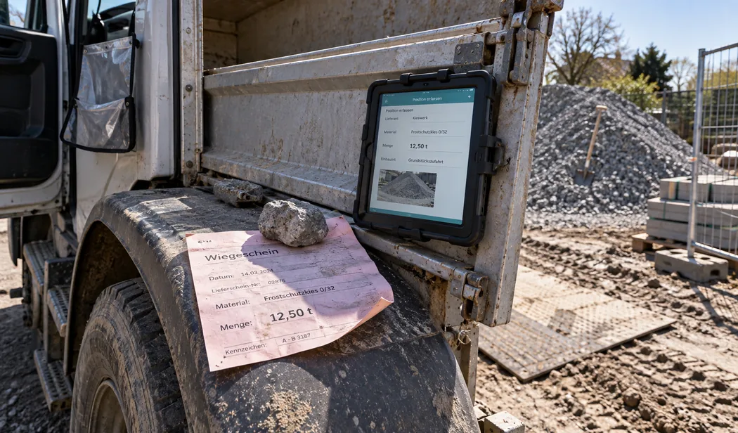 Wiegeschein auf dem Kotflügel des Kippers, dieselbe Tonnage steht bereits als Position auf dem Tablet