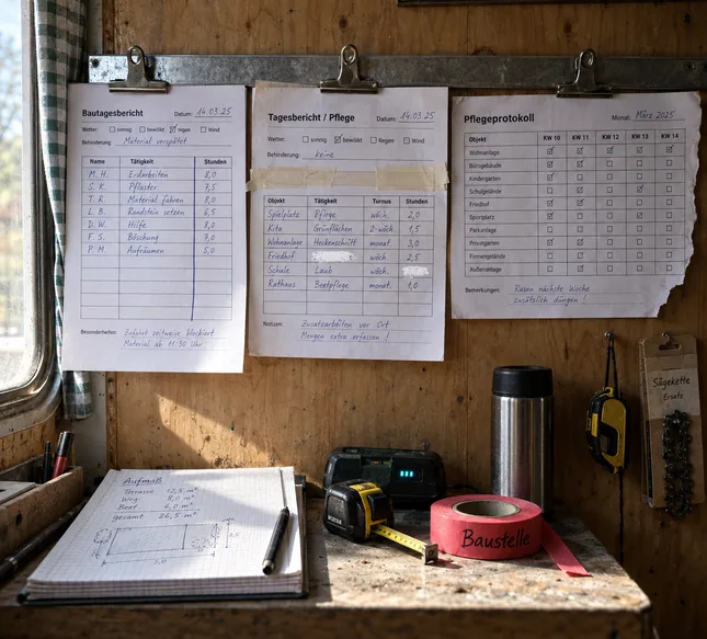 Bautagesbericht und Pflegeprotokoll an der Klemmleiste im Bauwagen, dazwischen ein zusammengeklebter Vordruck