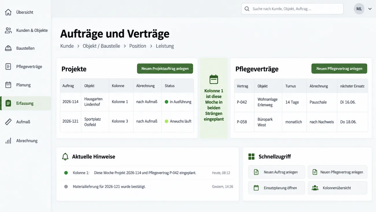 Maske: Auftragsübersicht, in der Projektaufträge und Pflegeverträge an derselben Kundenkette hängen