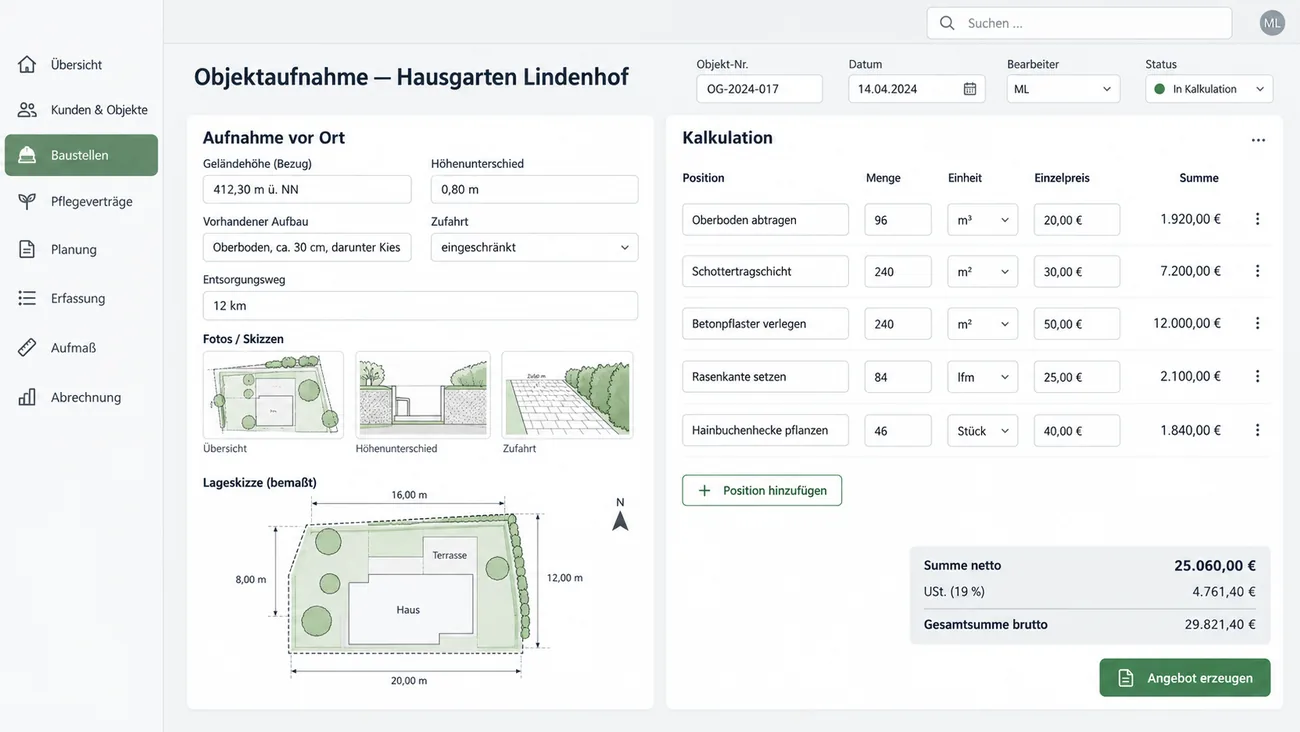 Maske: Ortsaufnahme auf dem Grundstück, aus der rechts unmittelbar die Kalkulation entsteht