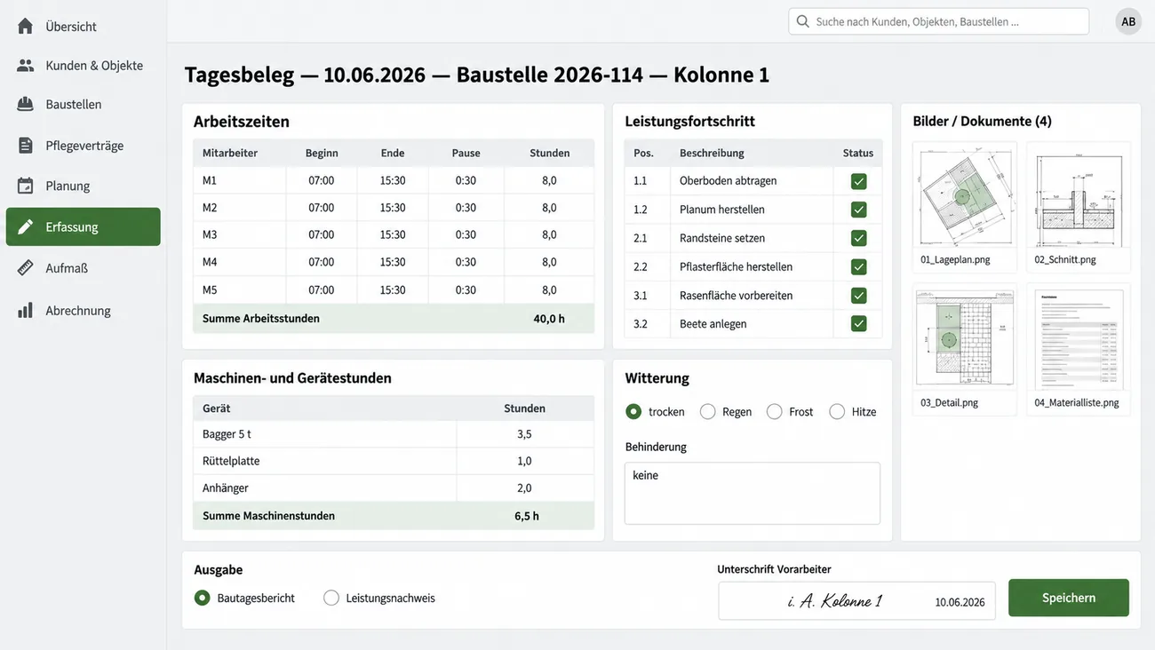 Maske: Tagesbeleg der Kolonne mit Arbeitszeiten, Maschinenstunden, Material und Witterung