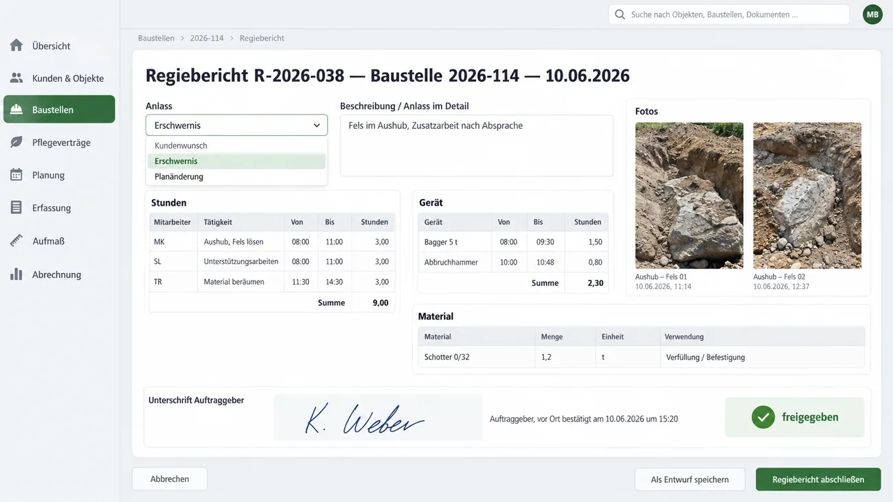 Maske: Regiebericht einer Zusatzleistung mit Anlass, Aufwand und Unterschrift auf der Fläche