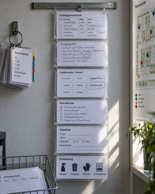 Sechs Klarsichthüllen an der Wandschiene der Objektleitung, von der Aufnahme bis zur Auslieferung