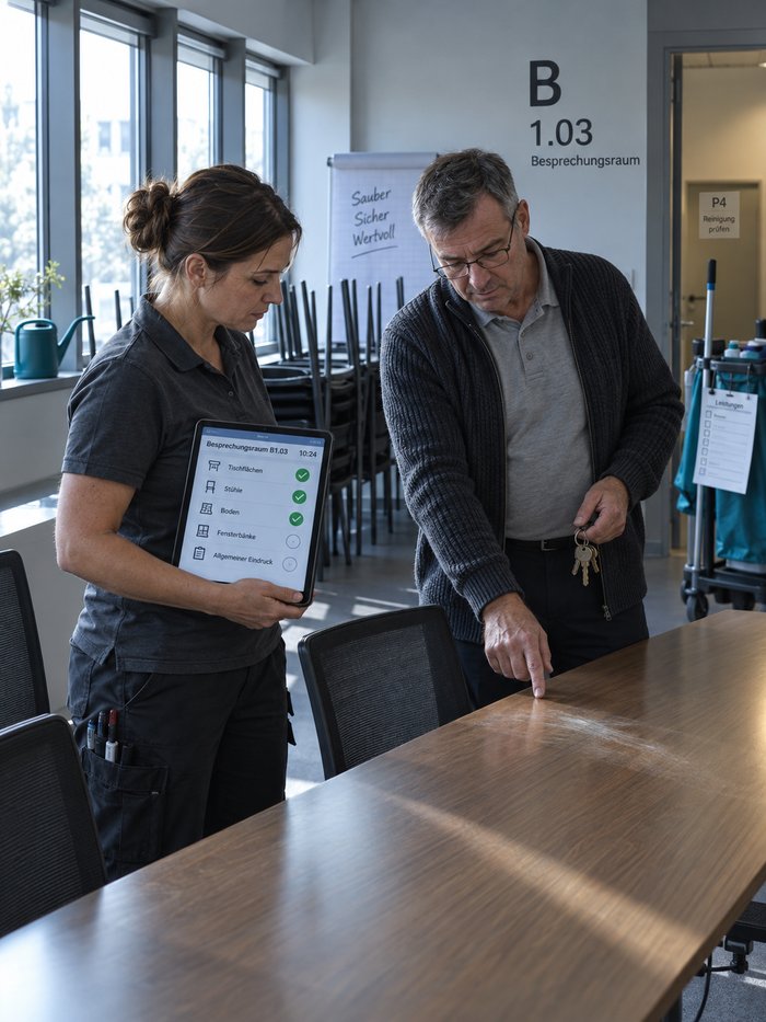 Objektleiterin und Haustechniker des Auftraggebers klären im Besprechungsraum eine Zeile der Begehungsmaske auf dem Tablet