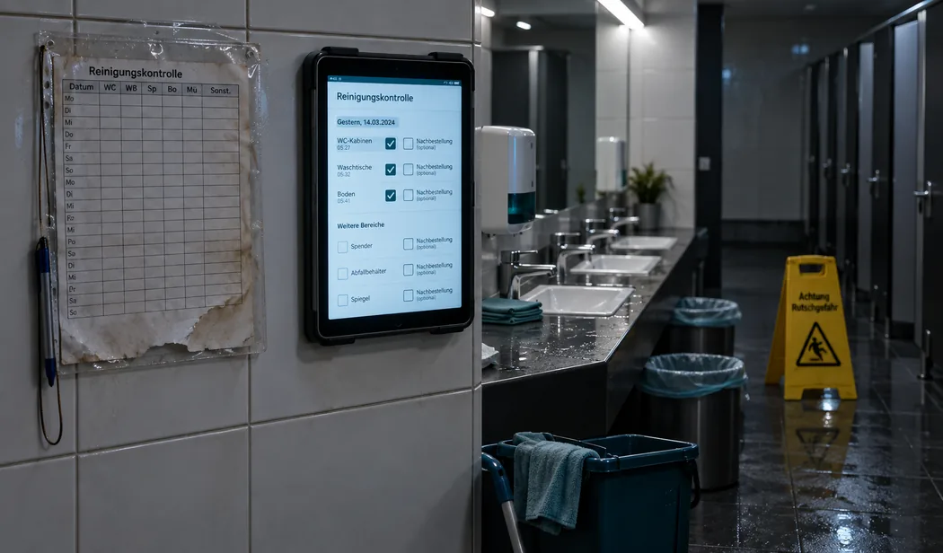 Vergilbter Kontrollbogen in der Klarsichthülle an der Fliesenwand, daneben dieselbe Abhakliste groß und gesetzt auf dem Tablet