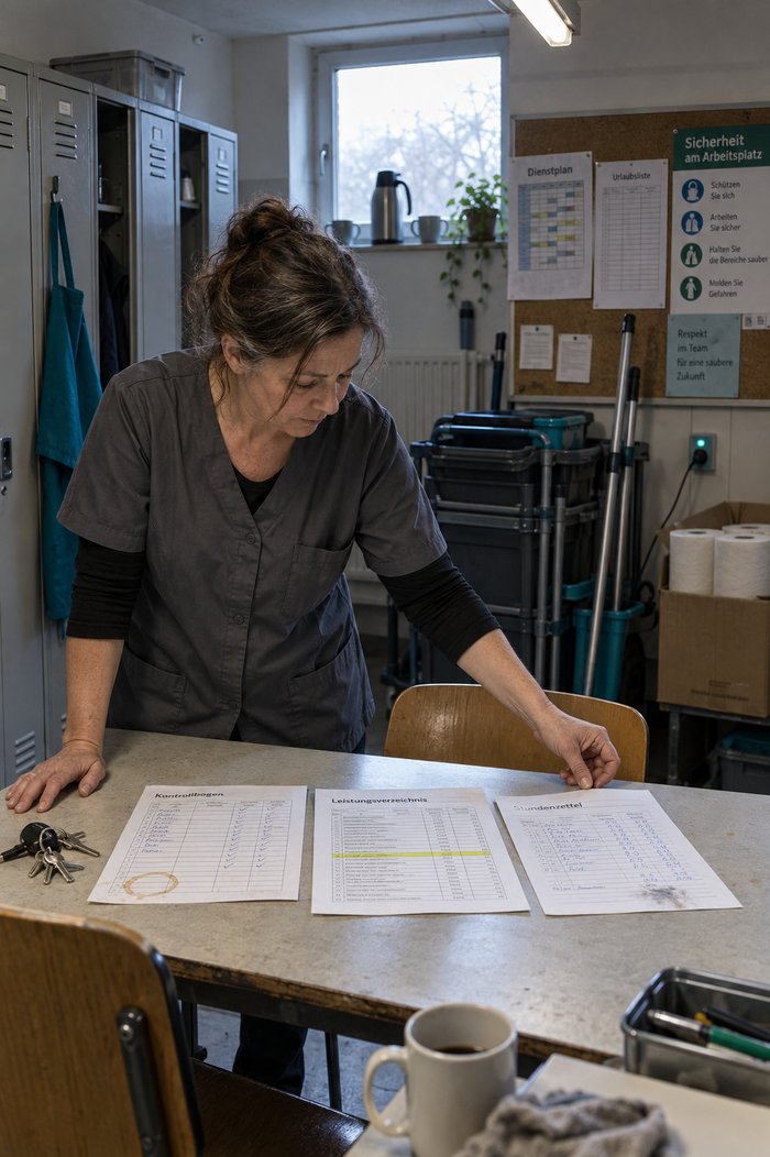 Objektleiterin legt im Aufenthaltsraum Kontrollbogen, Leistungsverzeichnis und Stundenzettel nebeneinander auf den Tisch