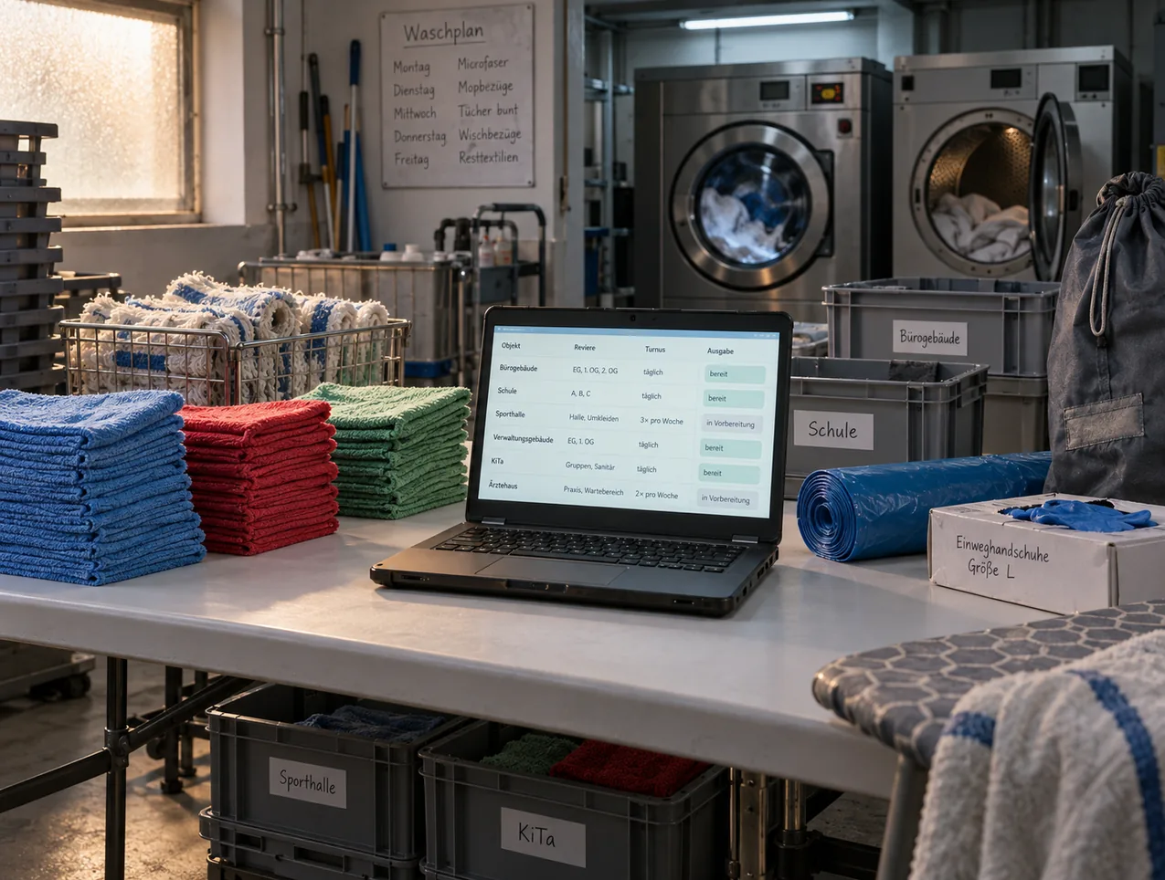 Aufgeklapptes Notebook zwischen farbsortierten Mopbezügen auf dem Falttisch der Betriebswäscherei