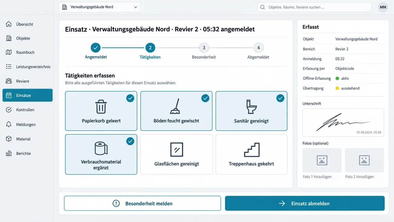 Maske: Anmeldung im Objekt per Code, darunter die tastaturfreie Erfassung mit großen Auswahlfeldern