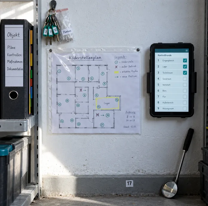 Handgezeichneter Köderstellenplan in der Klarsichthülle, daneben dieselbe Nummernfolge als Kachelliste auf dem Tablet