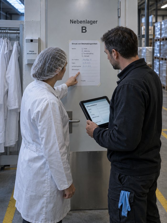 Techniker und Hygienebeauftragte klären vor dem Nebenlager eine Zeile des Aushangs, das Tablet mit der Mitteleingabe daneben