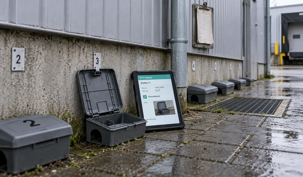 Reihe nummerierter Kontrollstationen an der Sockelkante, daneben das Tablet mit der eben gesetzten Zeile ohne Befund