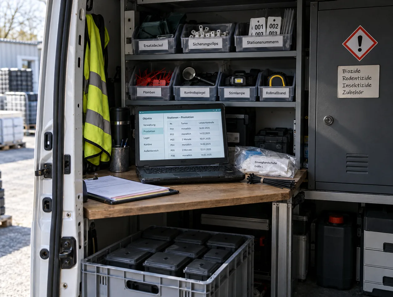 Aufgeklapptes Notebook im Innenausbau des Servicefahrzeugs, auf dem Bildschirm Objekte mit ihren nummerierten Stationen