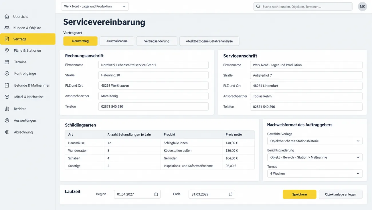 Maske: Servicevereinbarung mit Vertragsart, Schädlingsarten je Behandlungszahl, Produkten und Nachweisformat