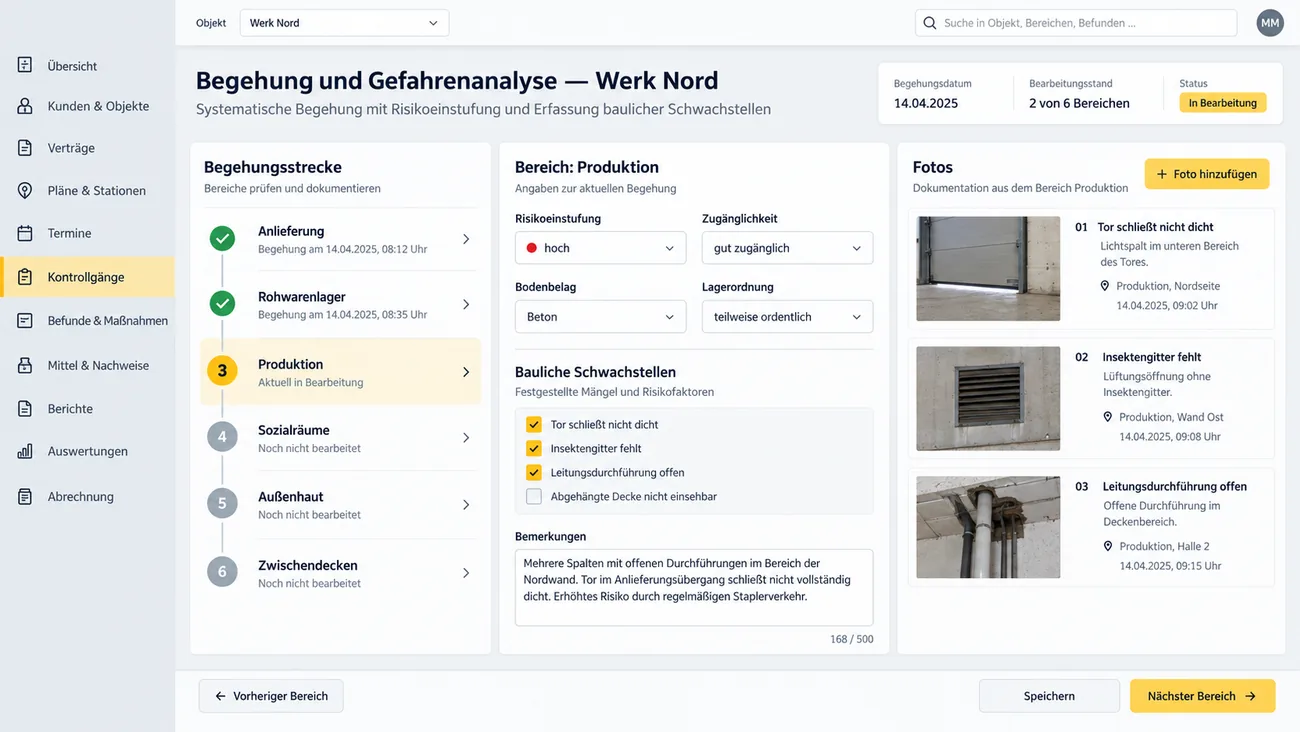 Maske: Begehung mit Bereichen, Risikoeinstufung, baulichen Schwachstellen und Foto je Befund
