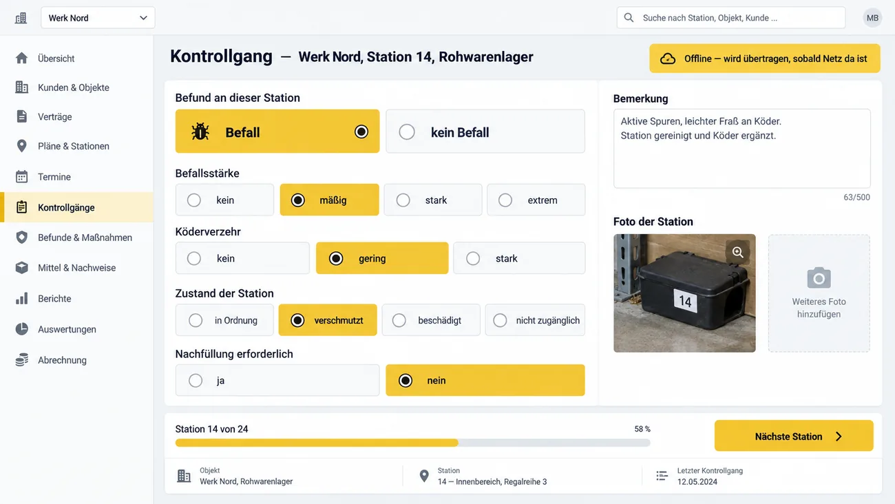 Maske: Kontrollgang an der Station mit Befall, Befallsstärke, Köderverzehr, Zustand und Nachfüllung