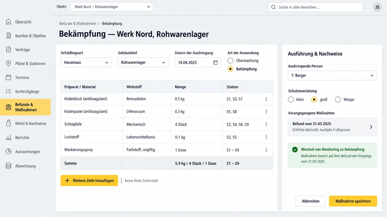 Maske: Bekämpfungsvorgang mit Schädlingsart, Anwendung und der Präparate-Tabelle ohne Zeilenlimit