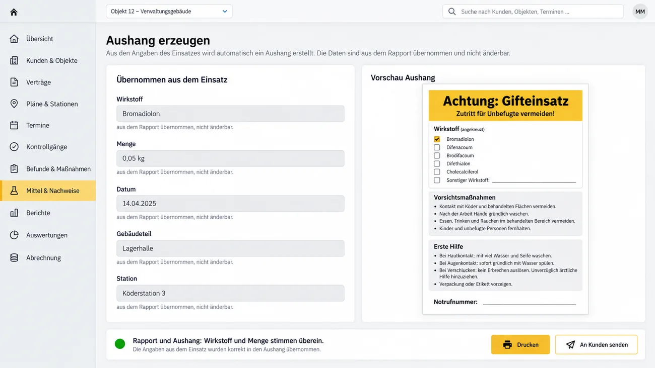 Maske: Aushang zum Mitteleinsatz, erzeugt aus Wirkstoff, Menge und Datum des Rapports