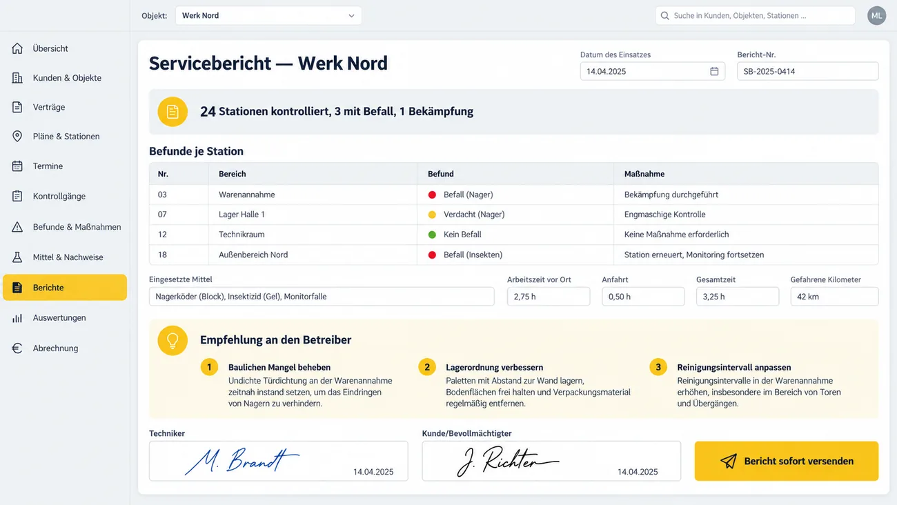 Maske: Servicebericht mit Befunden je Station, Maßnahmen, Arbeitswerten, Empfehlung und Unterschriftenfeld
