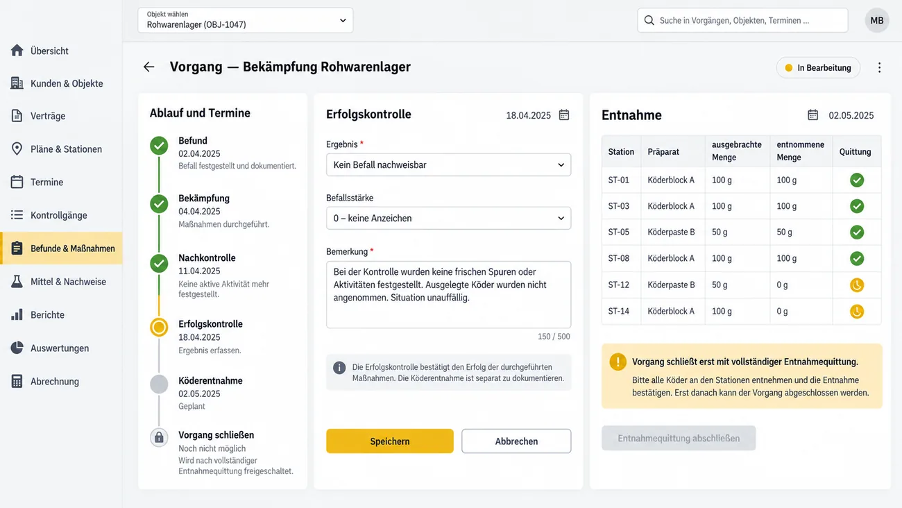 Maske: Folgetermine einer Bekämpfung mit Nachkontrolle, Erfolgskontrolle und quittierter Köderentnahme