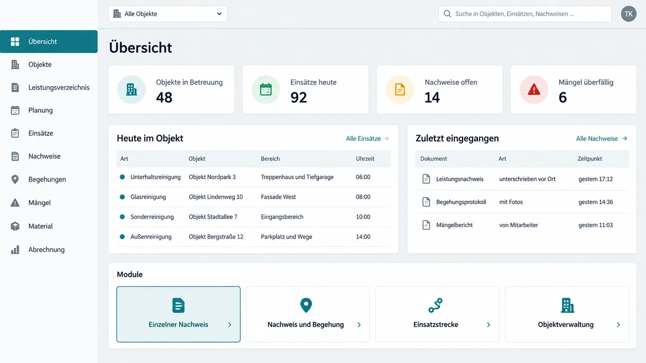 Maske: Startübersicht mit betreuten Objekten, Einsätzen des Tages, offenen Nachweisen und überfälligen Mängeln