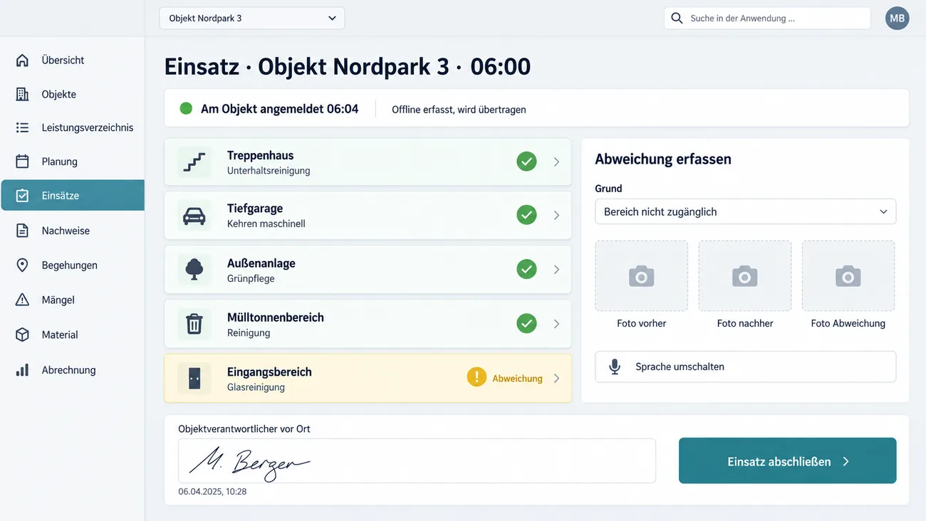 Maske: tastaturfreie Einsatzmaske im Objekt, offline erfasst und nach der Anmeldung übertragen