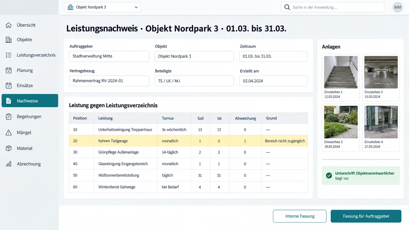 Maske: Leistungsnachweis, der die erbrachte Leistung Zeile für Zeile gegen das Leistungsverzeichnis stellt