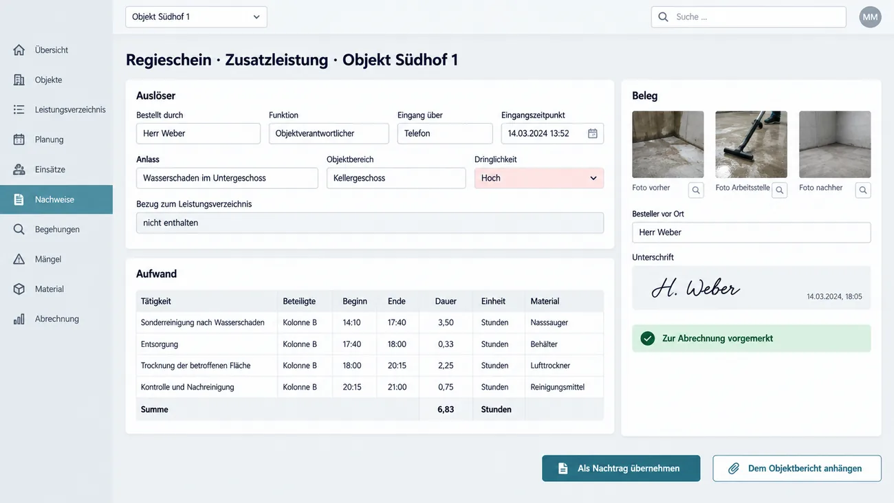 Maske: Regieschein für eine Zusatzleistung, die im Leistungsverzeichnis nicht enthalten ist