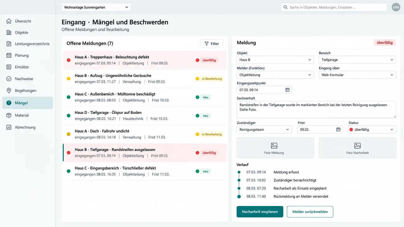 Maske: gemeinsamer Eingang für Mängel und Beschwerden mit Frist und Weg in die Nacharbeit