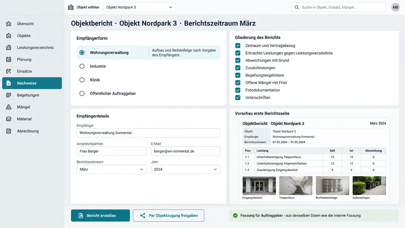 Maske: Objektbericht in der Form, die der jeweilige Auftraggeber vorgibt