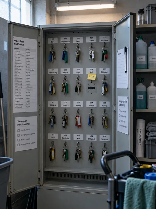 Geöffneter Schlüsselschrank im Betriebsstützpunkt, an einem Haken fehlt der Bund