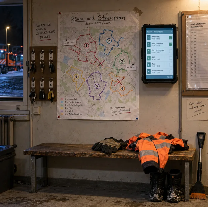 Von Hand nachgezogener Stadtplanausschnitt mit Räum- und Streuabschnitten im Fahrerraum, daneben dieselbe Nummernfolge auf dem Tablet