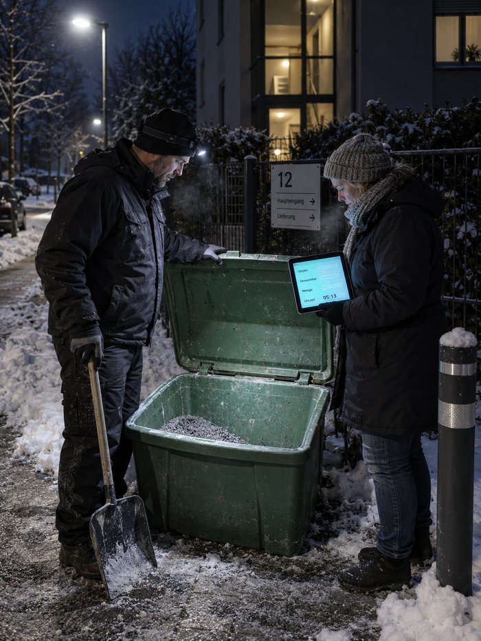 Fahrer und Objektbetreuerin sehen in den zu drei Vierteln leeren Streugutbehälter, das Tablet mit der offenen Mengenzeile daneben
