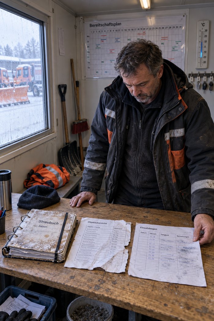 Betriebsinhaber legt im Bereitschaftscontainer Streubuch, Objektblatt und Einsatzbogen der Nacht nebeneinander