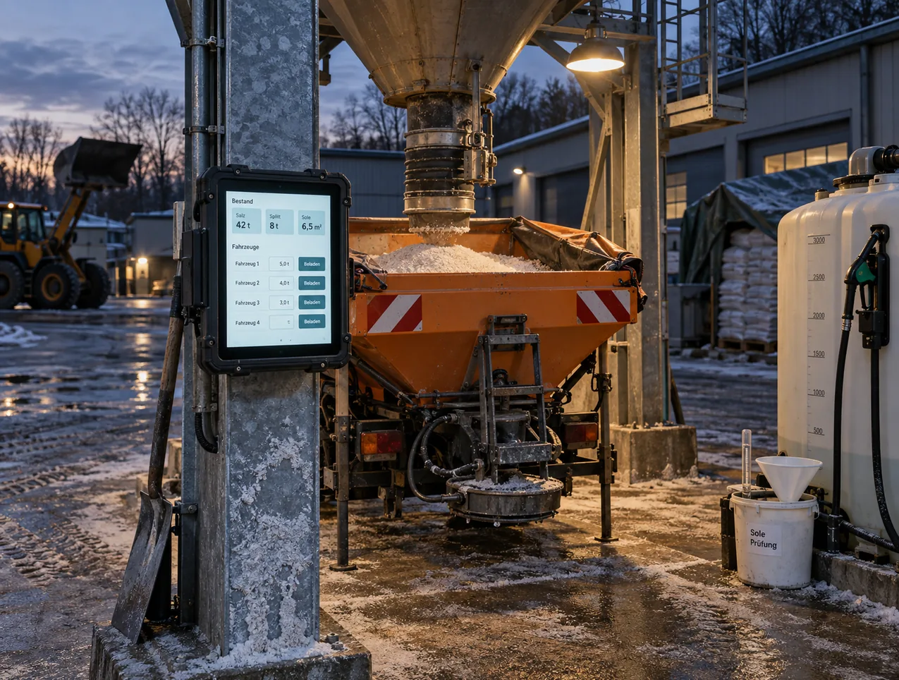 Wetterfest montiertes Tablet am Salzsilo mit Bestandszeile für Salz, Splitt und Sole sowie den Beladefeldern der Fahrzeuge