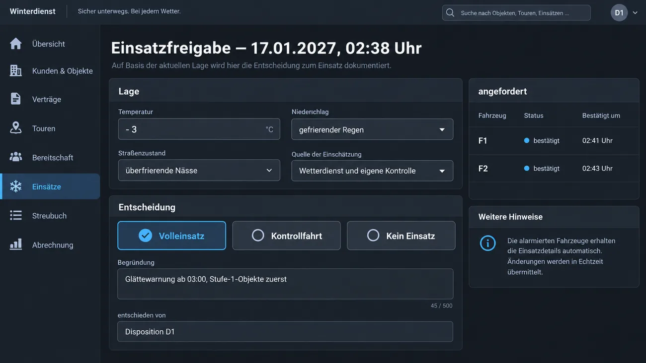 Maske: Einsatzentscheidung mit Lage, Grundlage, Uhrzeit und der angeordneten Kontrollfahrt oder Räumung