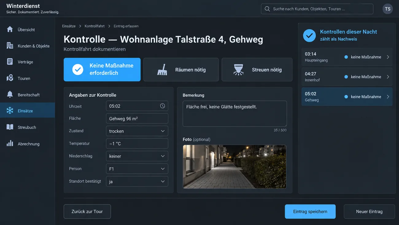 Maske: Kontrollfahrt mit Uhrzeit, Fläche, Witterung, Zustand und dem Ergebnis ohne Maßnahme