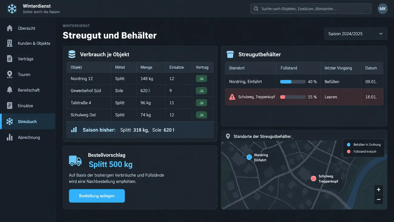 Maske: Streugutbuchung je Objekt mit Menge, Lagerentnahme und den Vorgängen an den Streugutbehältern