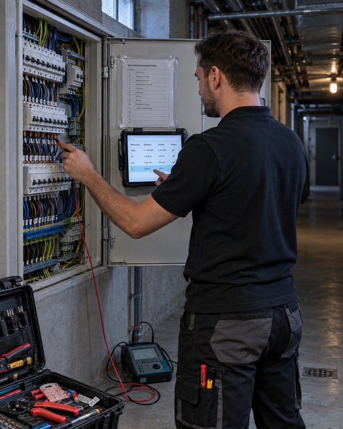Elektrofachkraft misst an der offenen Unterverteilung und hält den Wert direkt im Protokoll fest