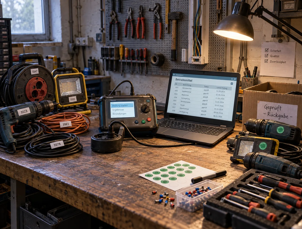 Gerätetester und Notebook mit der Betriebsmittelliste nebeneinander auf der Werkbank
