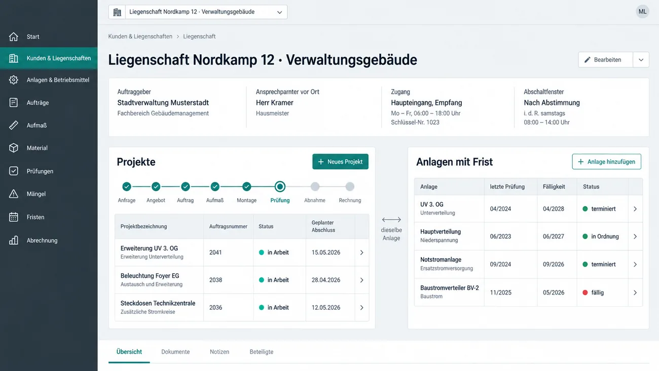 Maske: Objektakte, in der Projektstrang und Fristenstrang nebeneinanderstehen