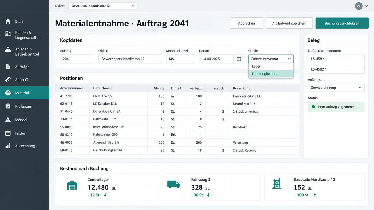 Maske: Materialentnahme mit dem Servicefahrzeug als eigenem Lagerort