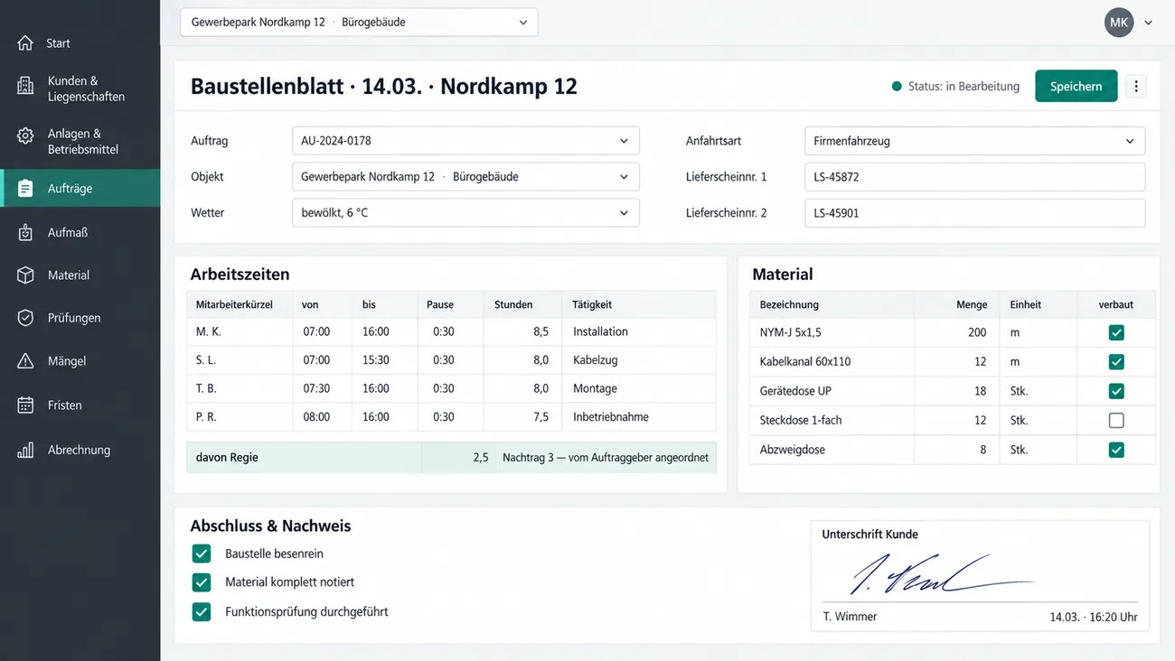 Maske: Baustellenblatt mit Arbeitszeiten, Materialliste, Regiezeile und Unterschrift